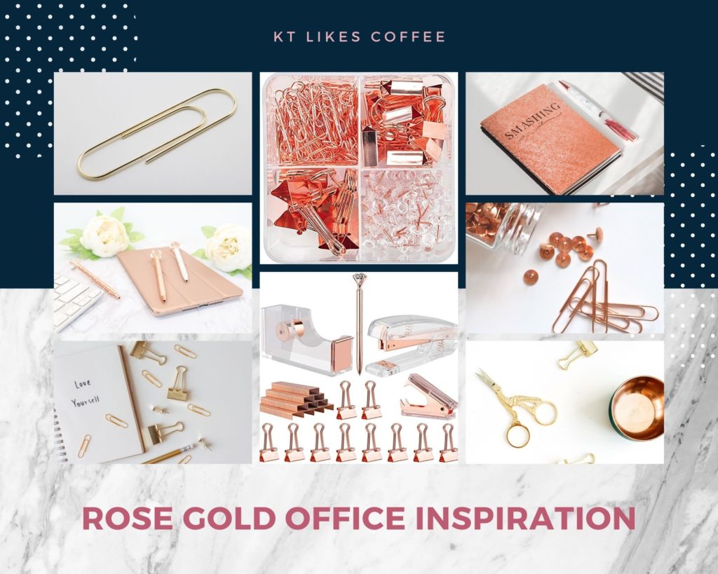 Collection of rose gold home office decor inspired items