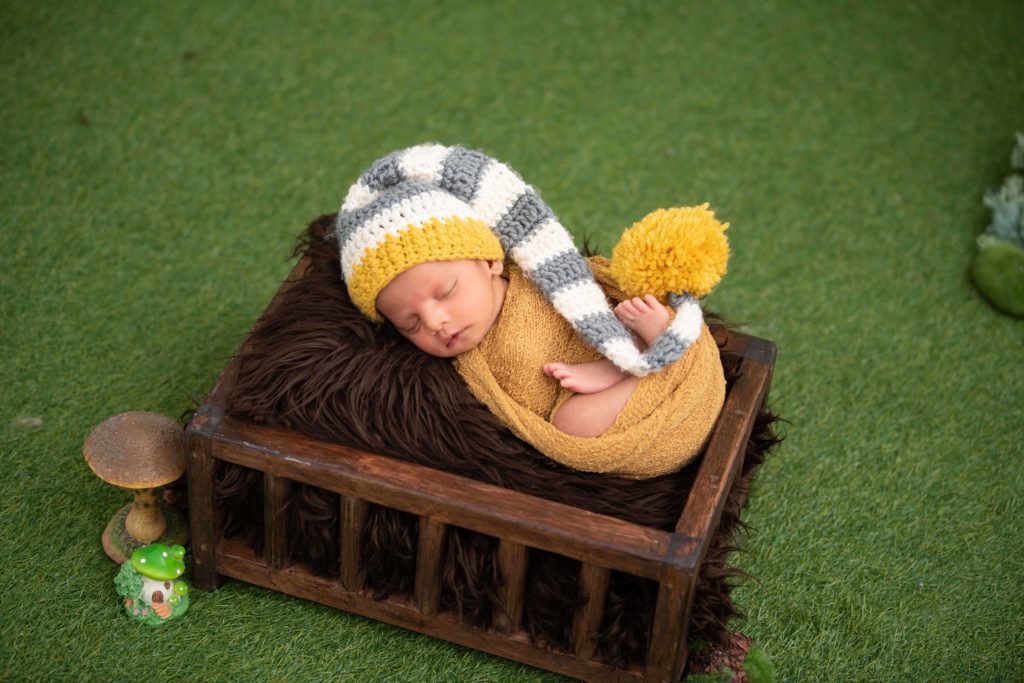 newborn baby sitting in tiny crib during a photograhy session