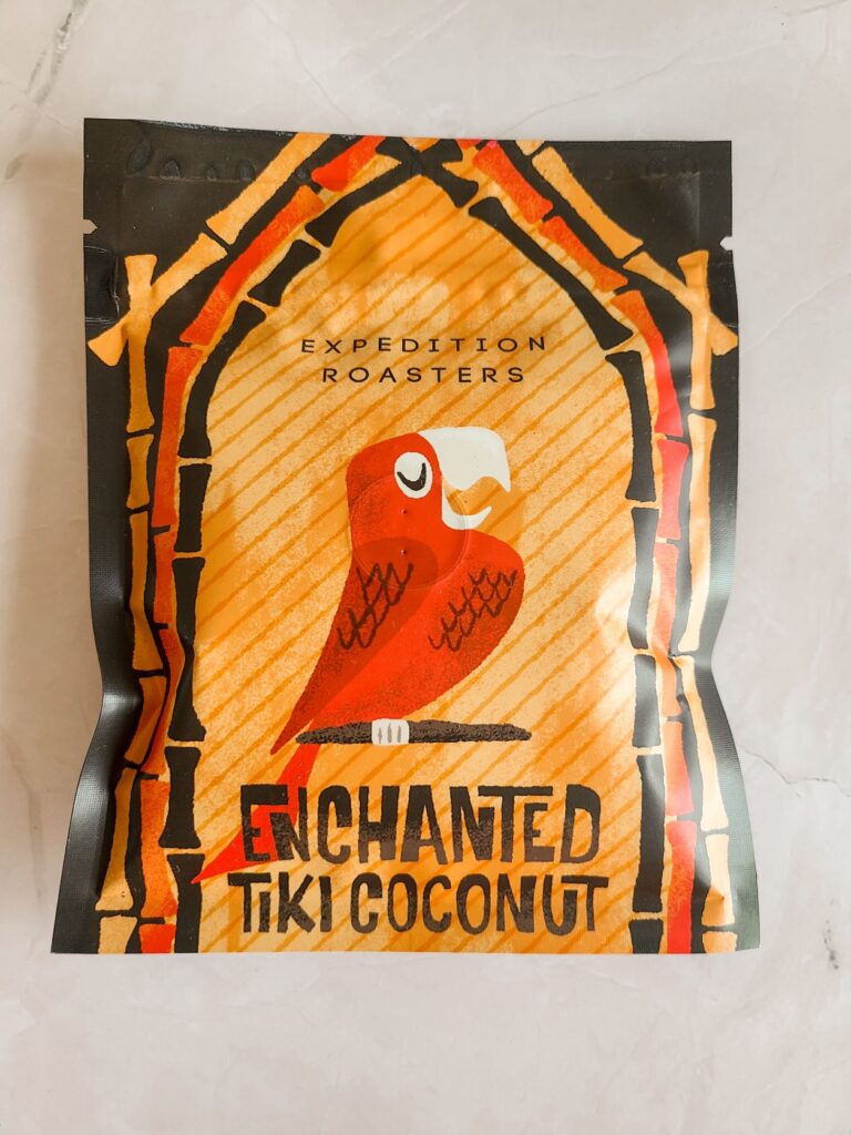 A sample bag of the Enchanted Tiki Coconut is a Disney coffee themed blend from Expedition Roasters 