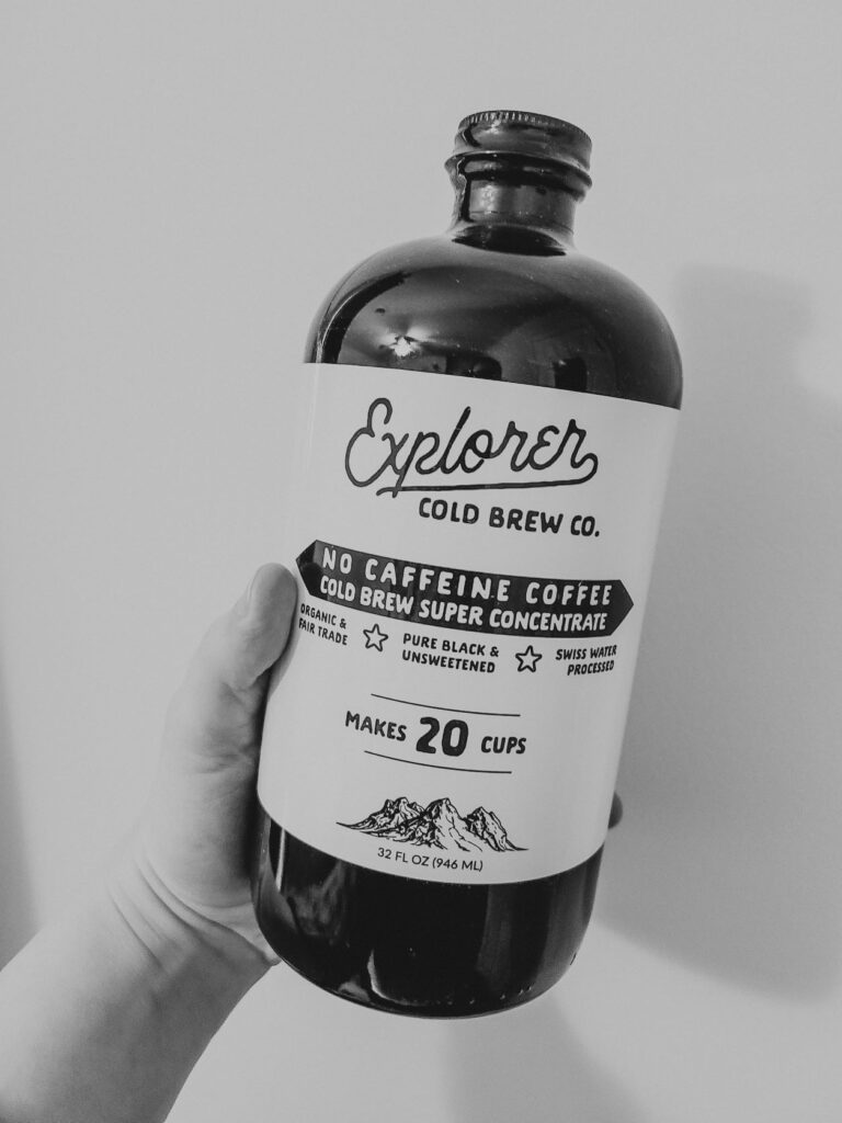 Large bottle of no caffeine liquid coffee concentrate from Explorer Cold Brew
