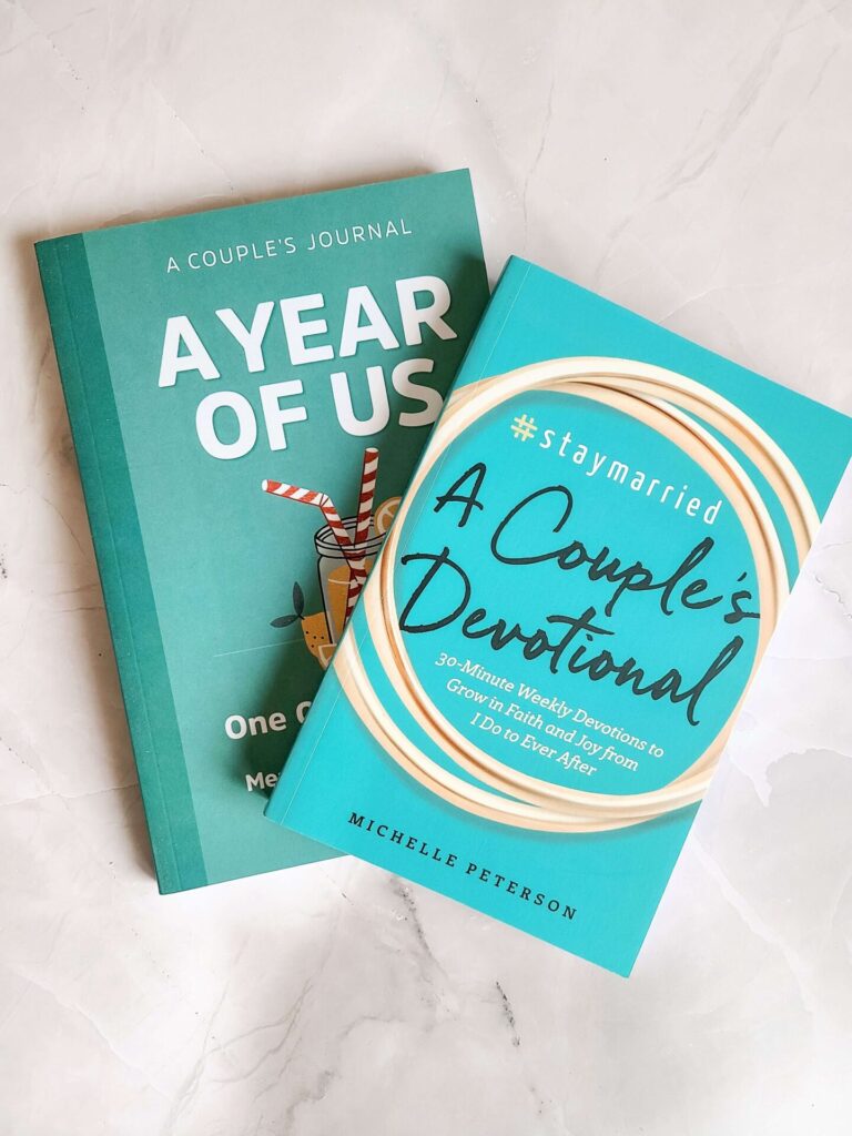 A pair of couples journals with guided questions and topics makes for great at home date night ideas for parents.