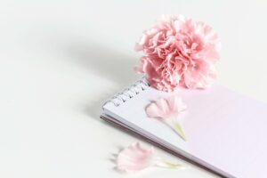 A pink flower on top of a notebook used for writing Sunday morning quotes.
