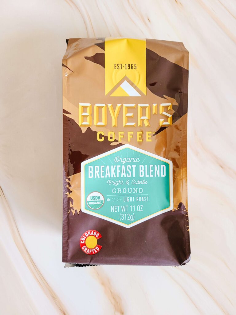 A bag of Organic Breakfast Blend from Boyer's Coffee
