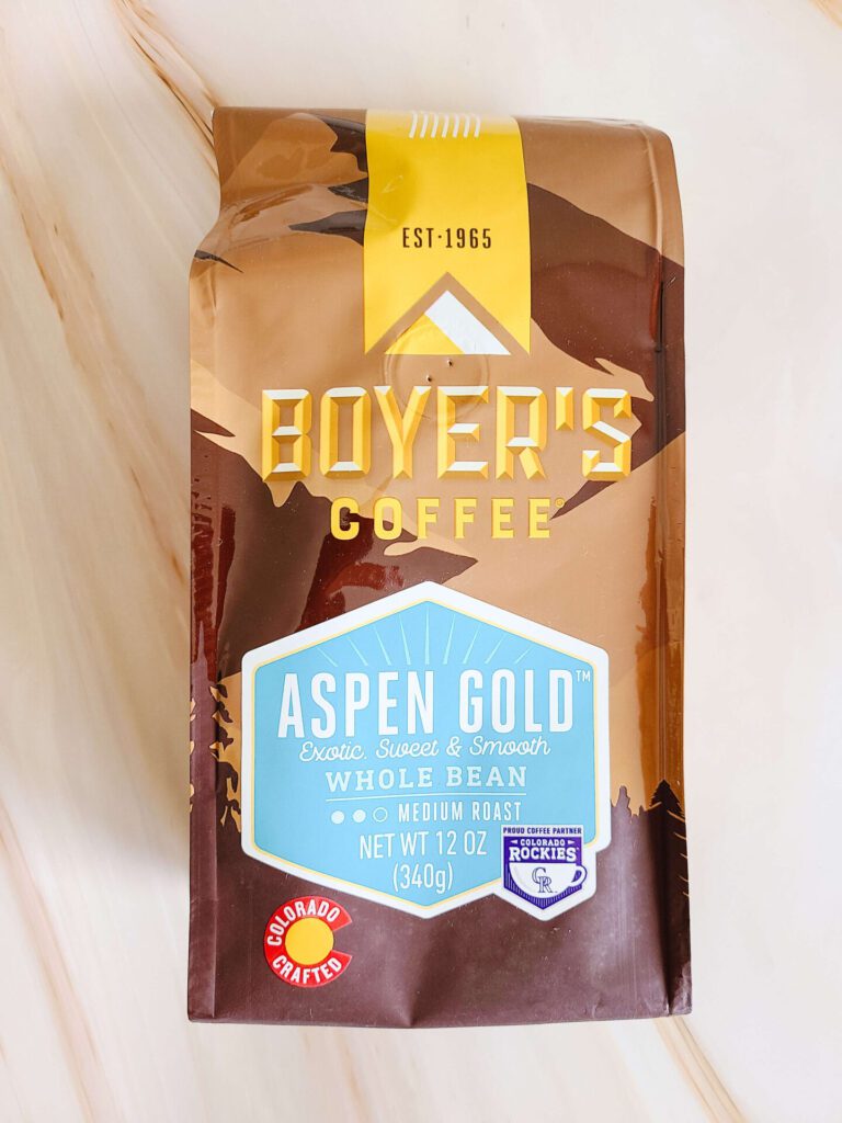 A bag of Aspen Gold coffee from Colorado coffee roaster Boyer's Coffee.