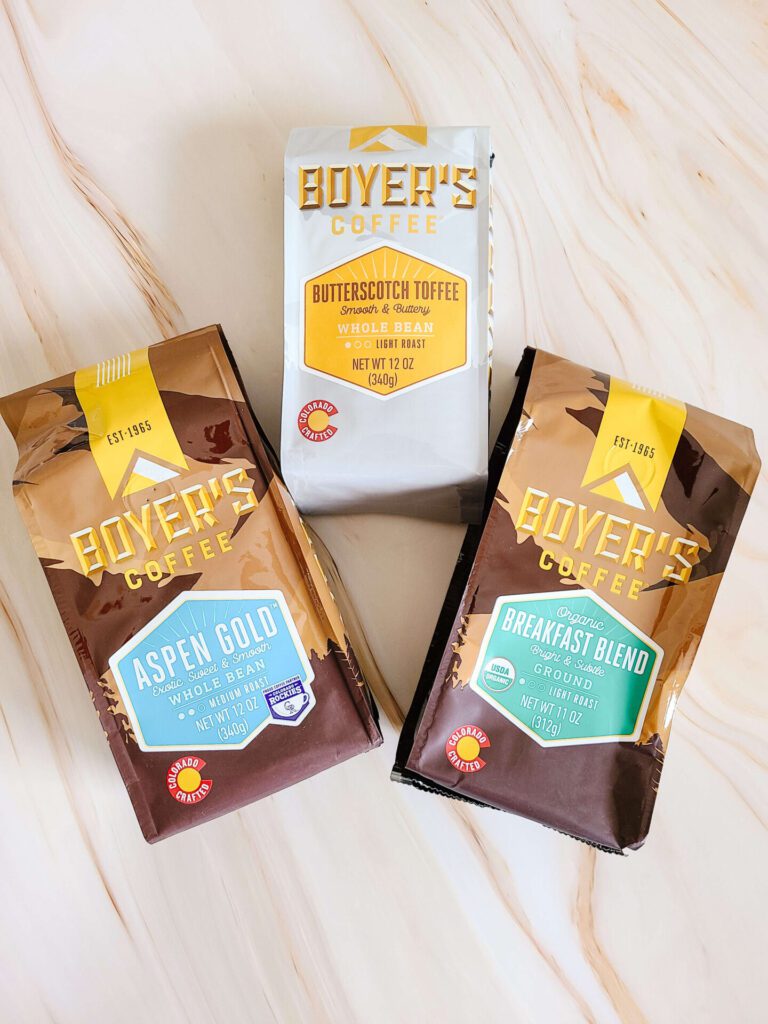 A collection of coffee bags for a Boyer's Coffee review on their products.
