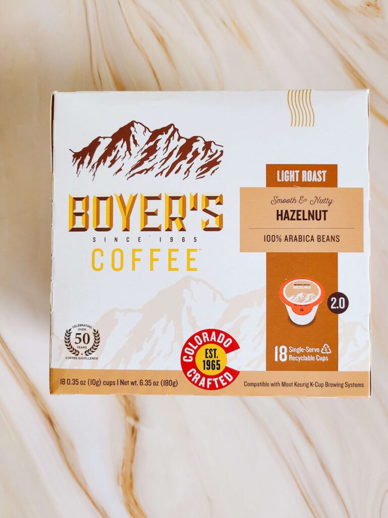 A box of Hazelnut K-Cups from Boyer's Coffee.