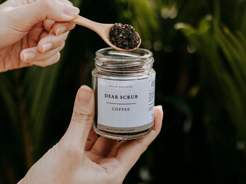 A coffee body scrub, the perfect coffee bucket list item for practicing self-care with coffee.