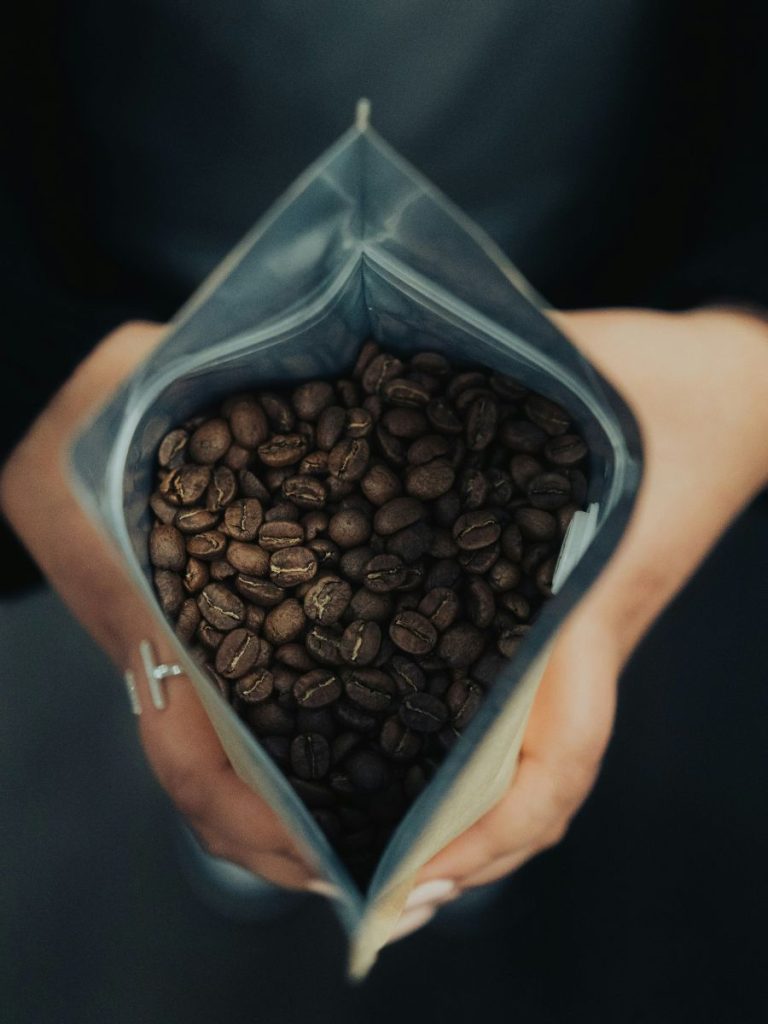 Coffee beans in a bag.