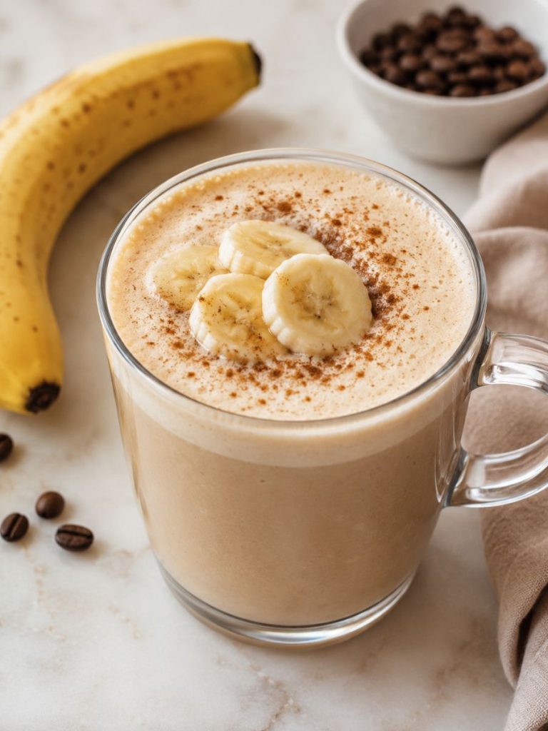 Banana latte in a clear mug with banana slices and cinnamon on top