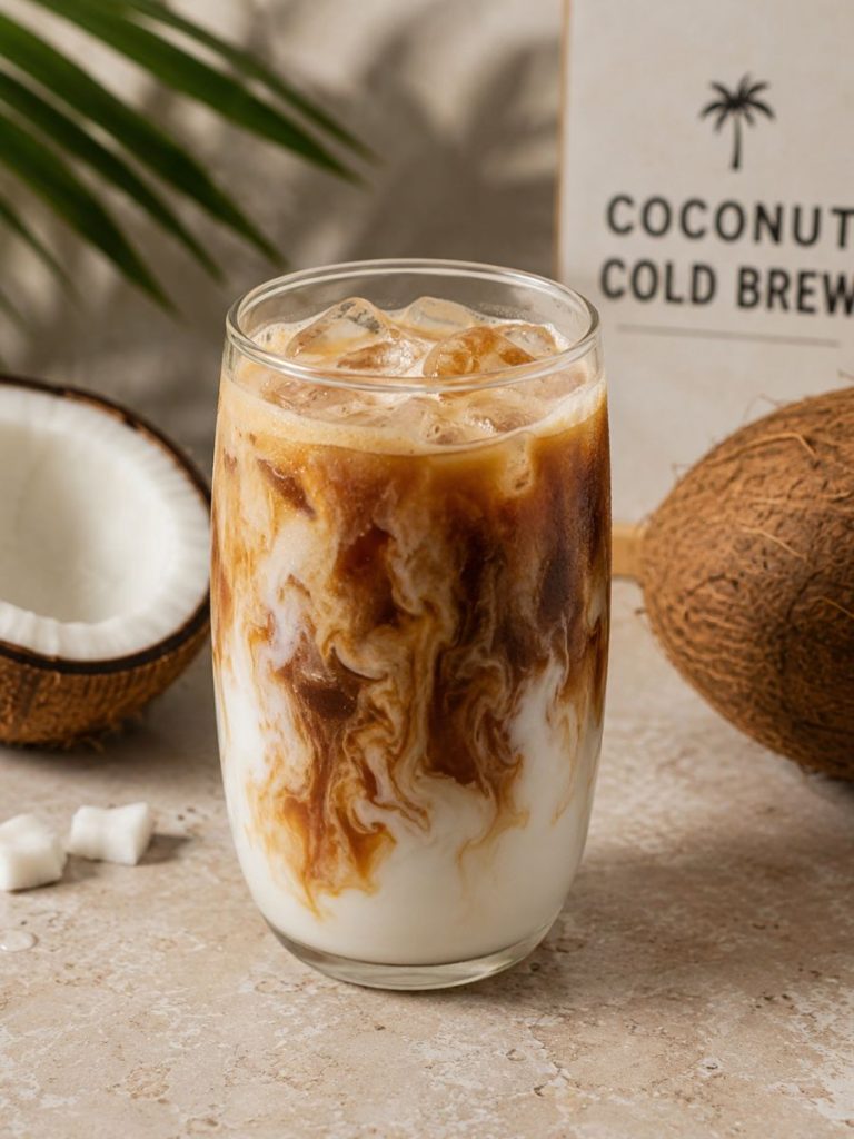 A glass of coconut cold brew coffee.
