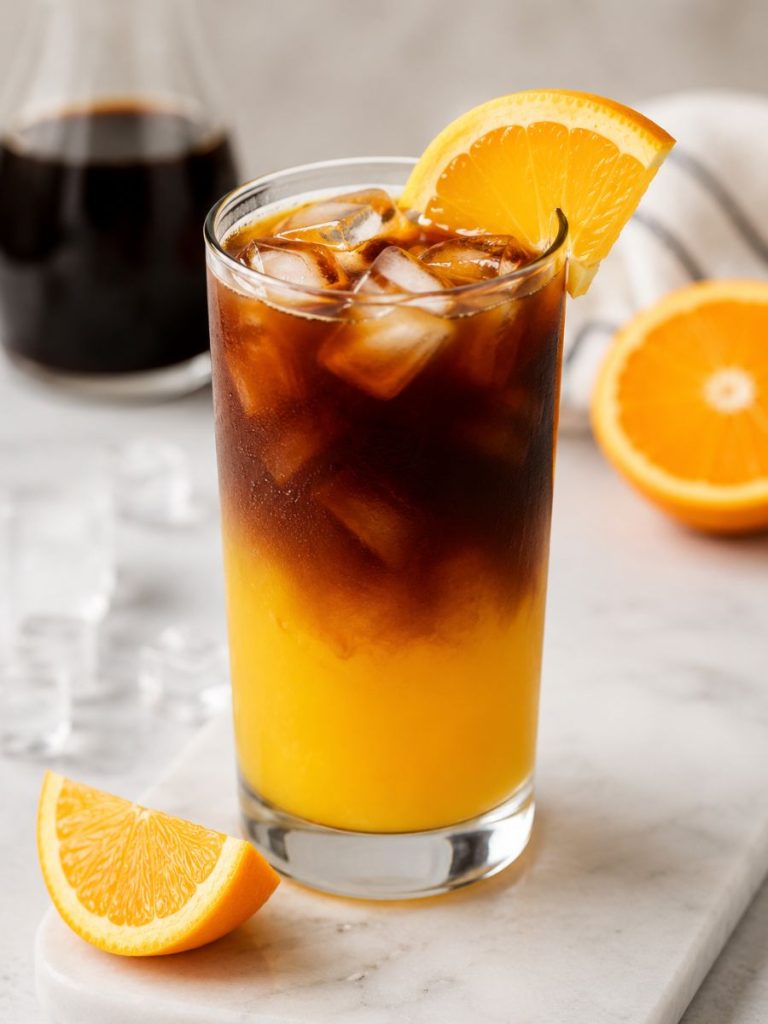 A glass of coffee and orange juice